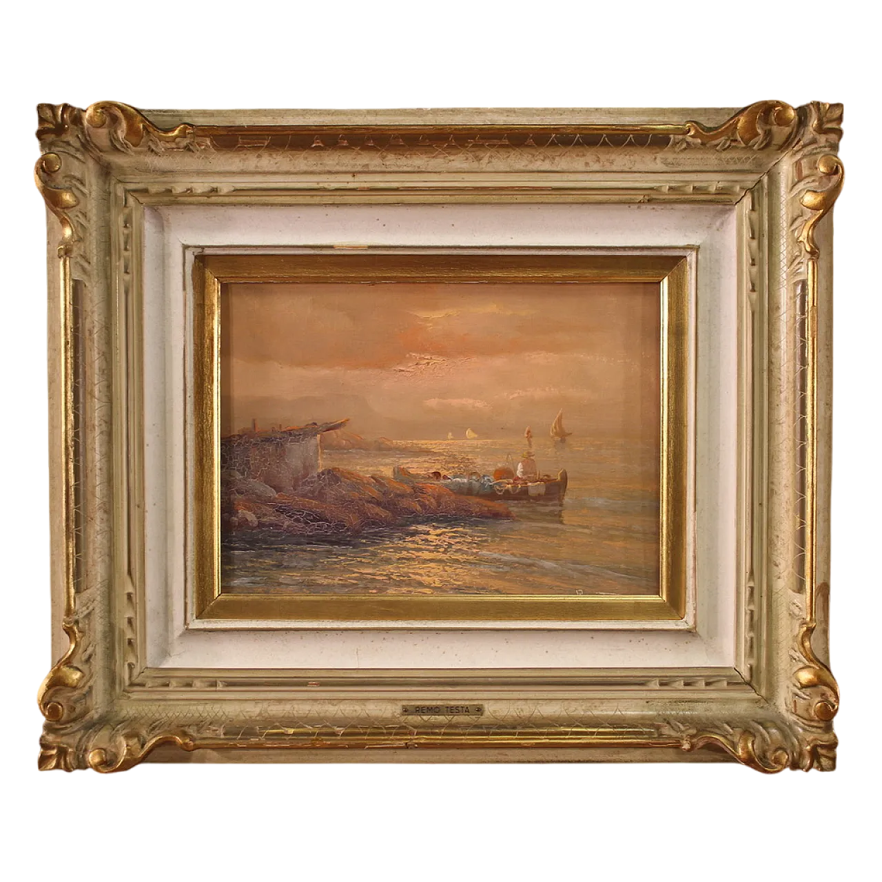 Remo Testa, Pescatori al tramonto, olio su tela firmato, '900 17