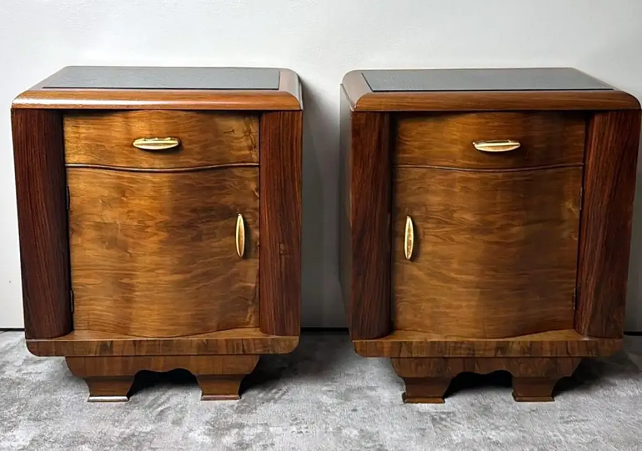 Pair of Art Deco bedside tables with black glass tops, 1930s 2