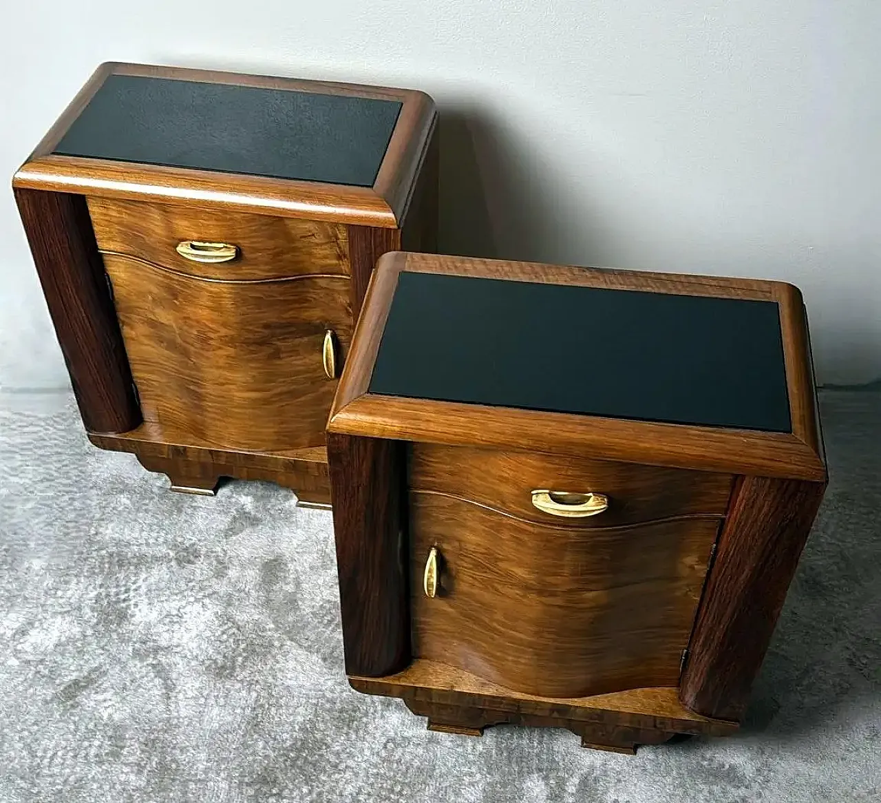 Pair of Art Deco bedside tables with black glass tops, 1930s 4