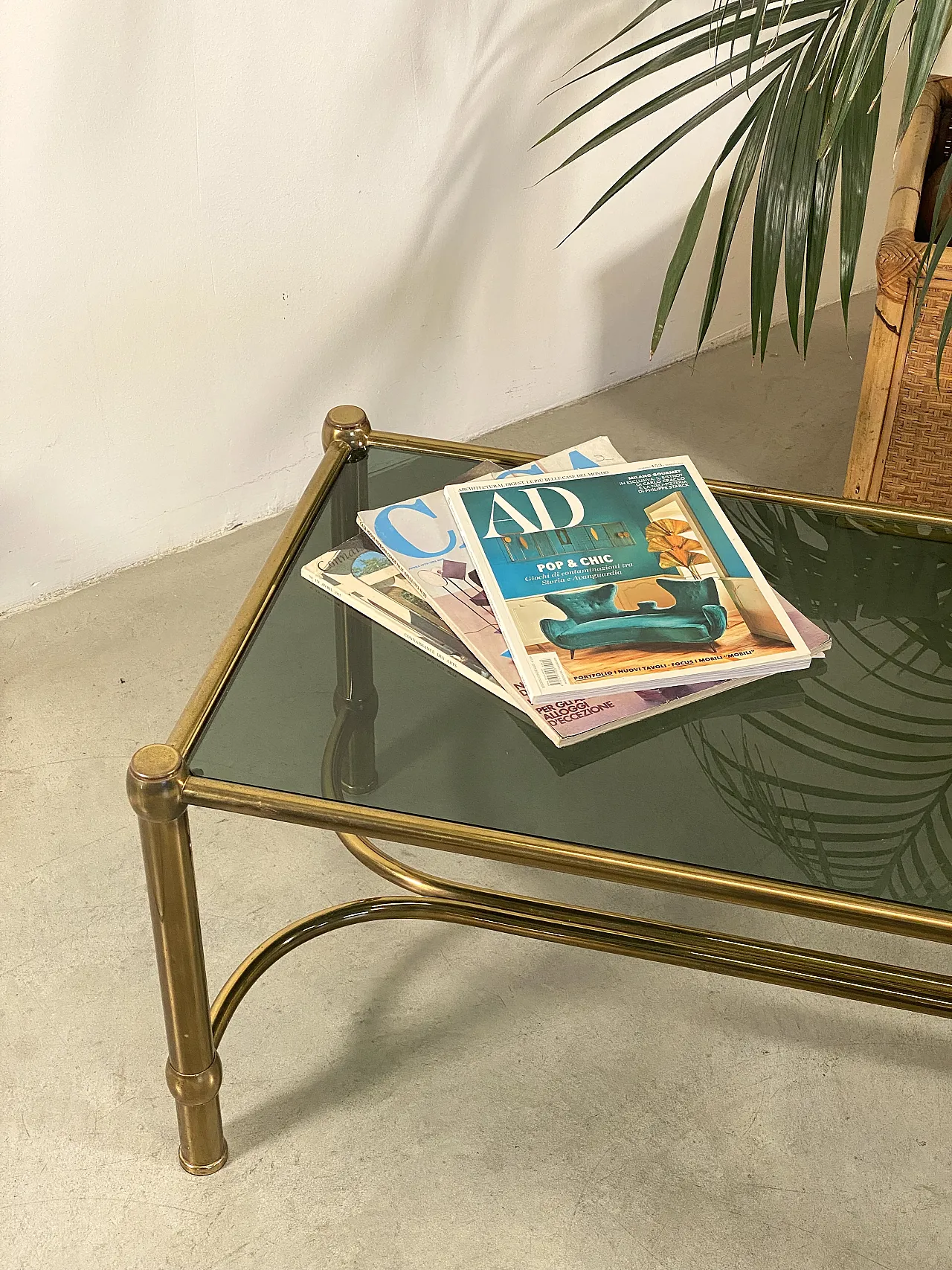 Rectangular brass table and  smoked glass top, 1960s 2