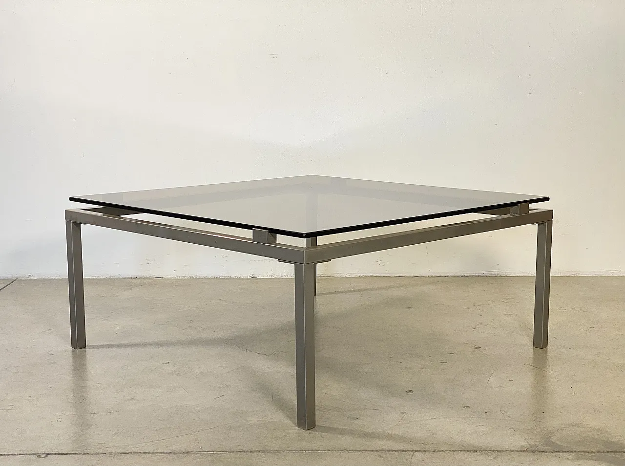 Square table in steel and glass smoke 70s 1