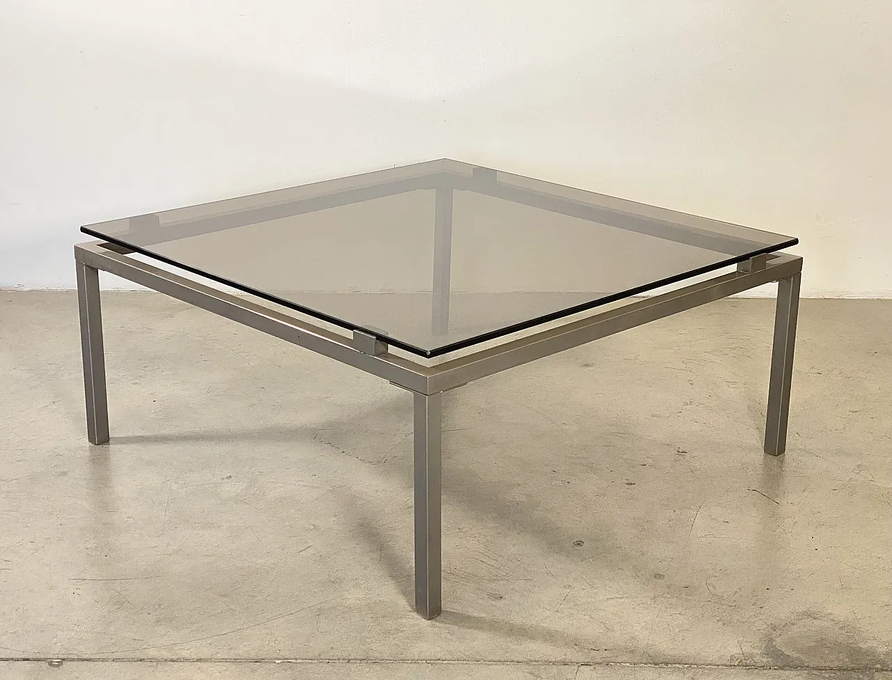 Square table in steel and glass smoke 70s 3