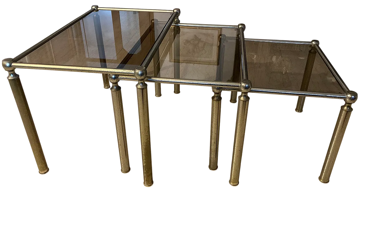 Set of 3 glass and brass side tables, 1970s 4