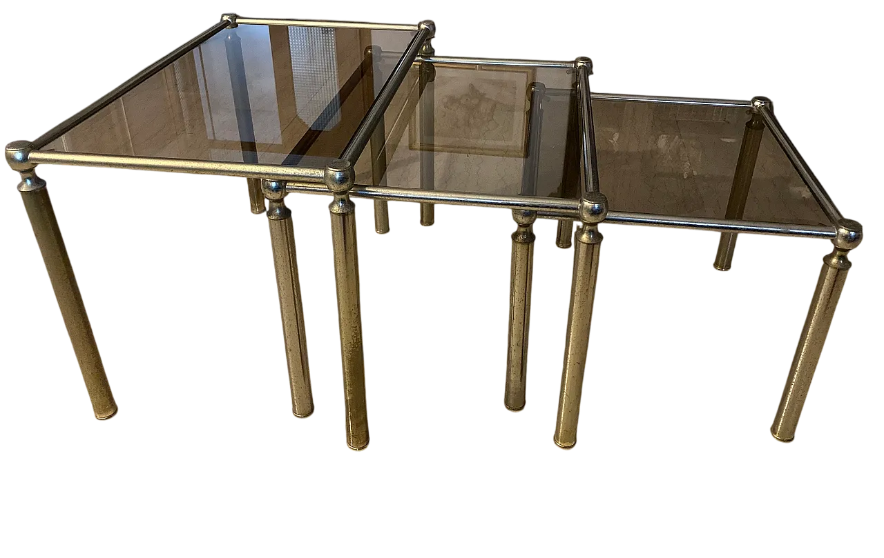 Set of 3 glass and brass side tables, 1970s 5