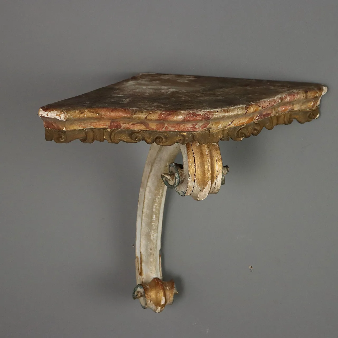 Carved and lacquered wood console table in fake marble, 18th century 1