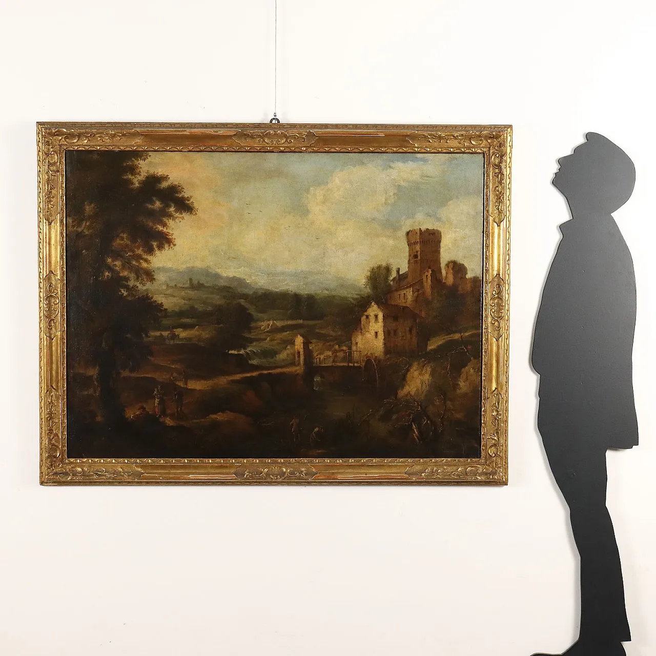Paesaggio con Torrente, Mulino e Figure, olio su tela, '700 2