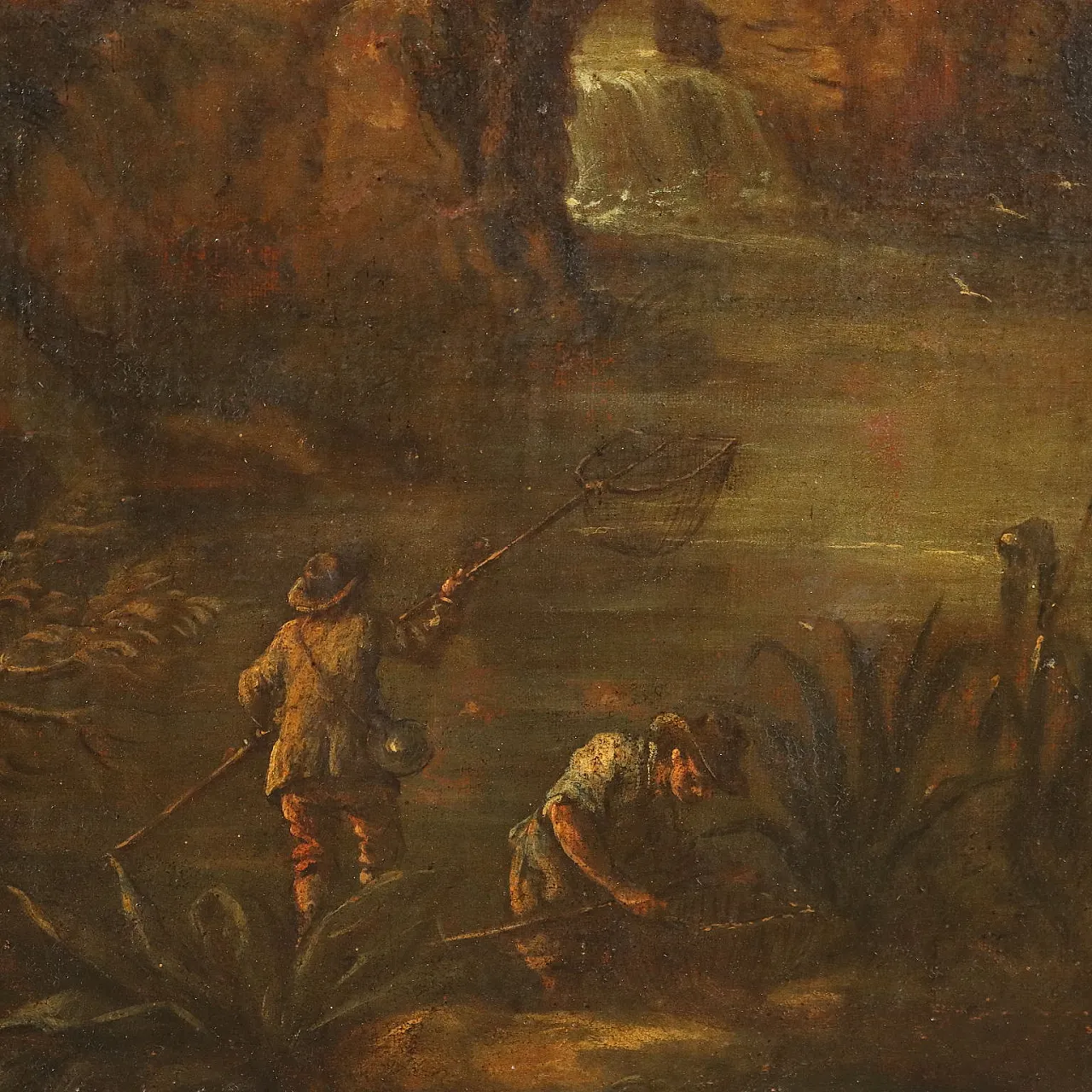 Paesaggio con Torrente, Mulino e Figure, olio su tela, '700 6