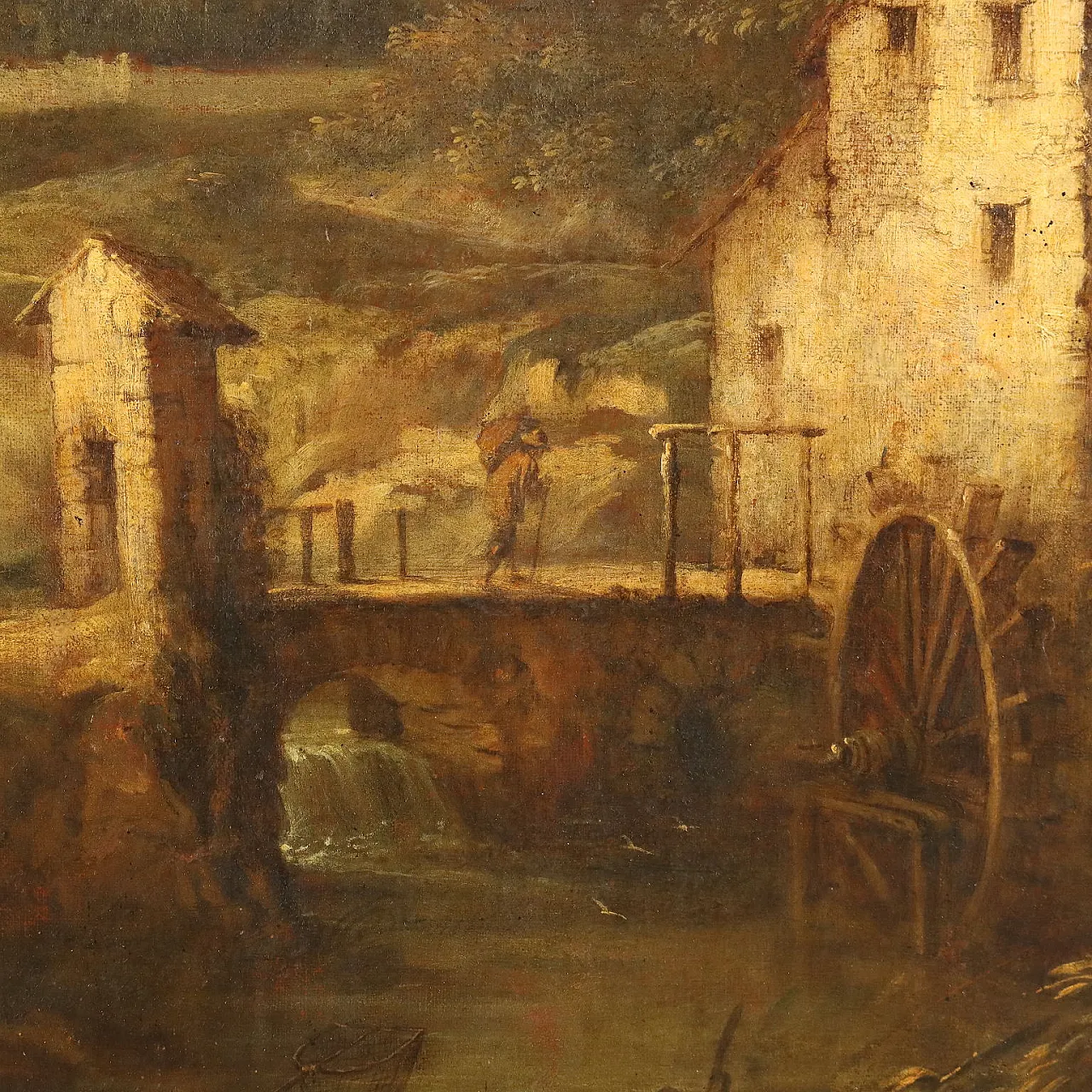 Paesaggio con Torrente, Mulino e Figure, olio su tela, '700 7