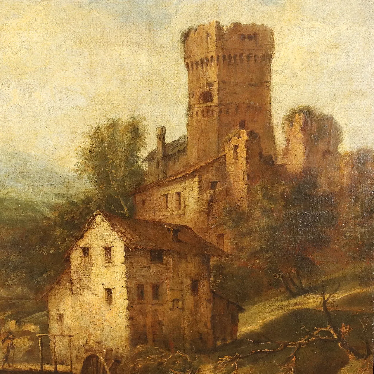 Paesaggio con Torrente, Mulino e Figure, olio su tela, '700 8
