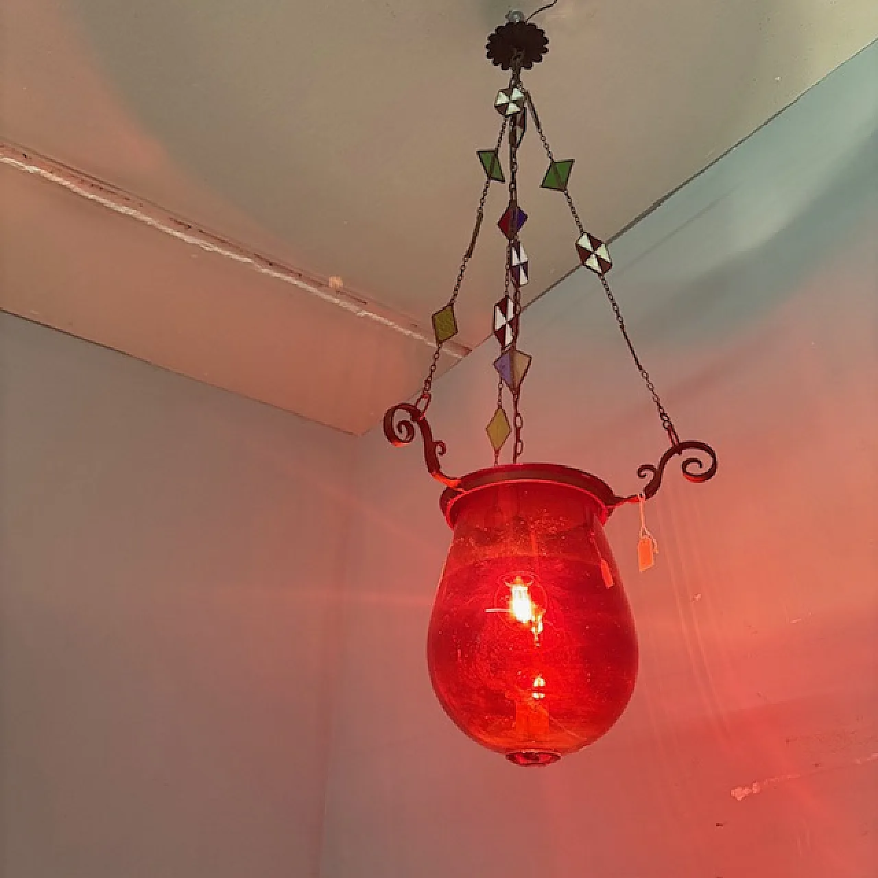 Lampadario porta candela vetro rosso, fine '800 8