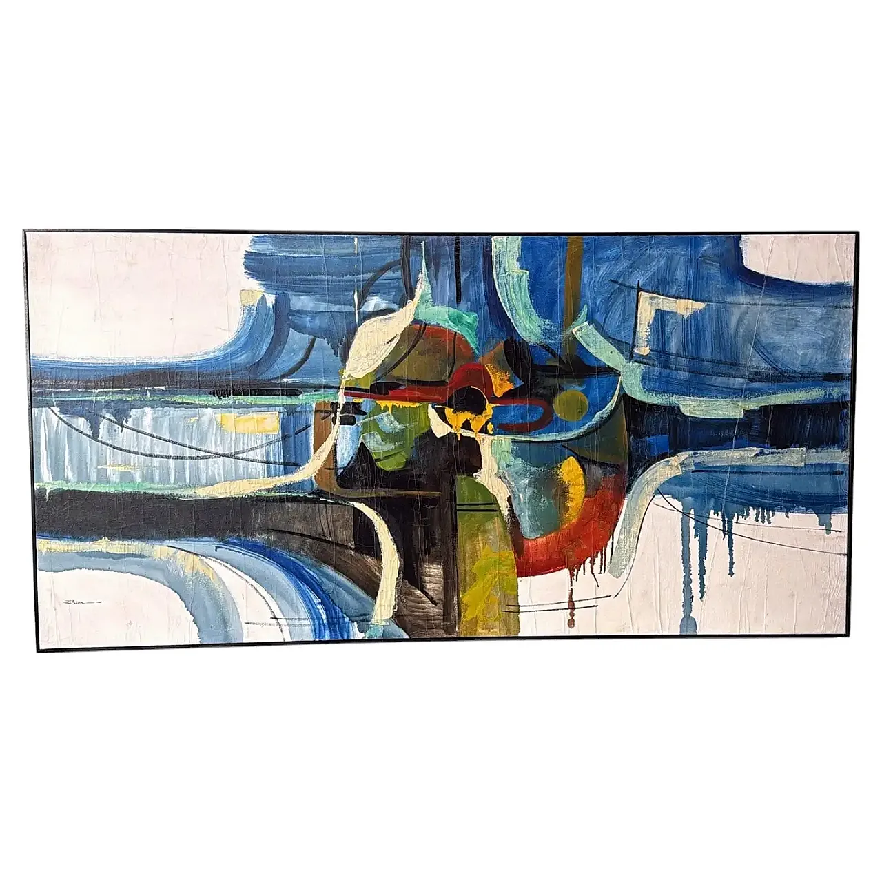 Arte astratta francese, olio su tela con cornice in legno, anni '80 1