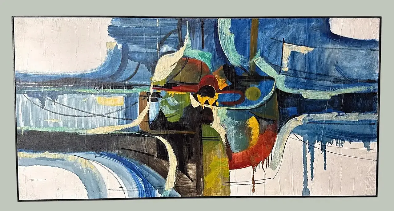 Arte astratta francese, olio su tela con cornice in legno, anni '80 2