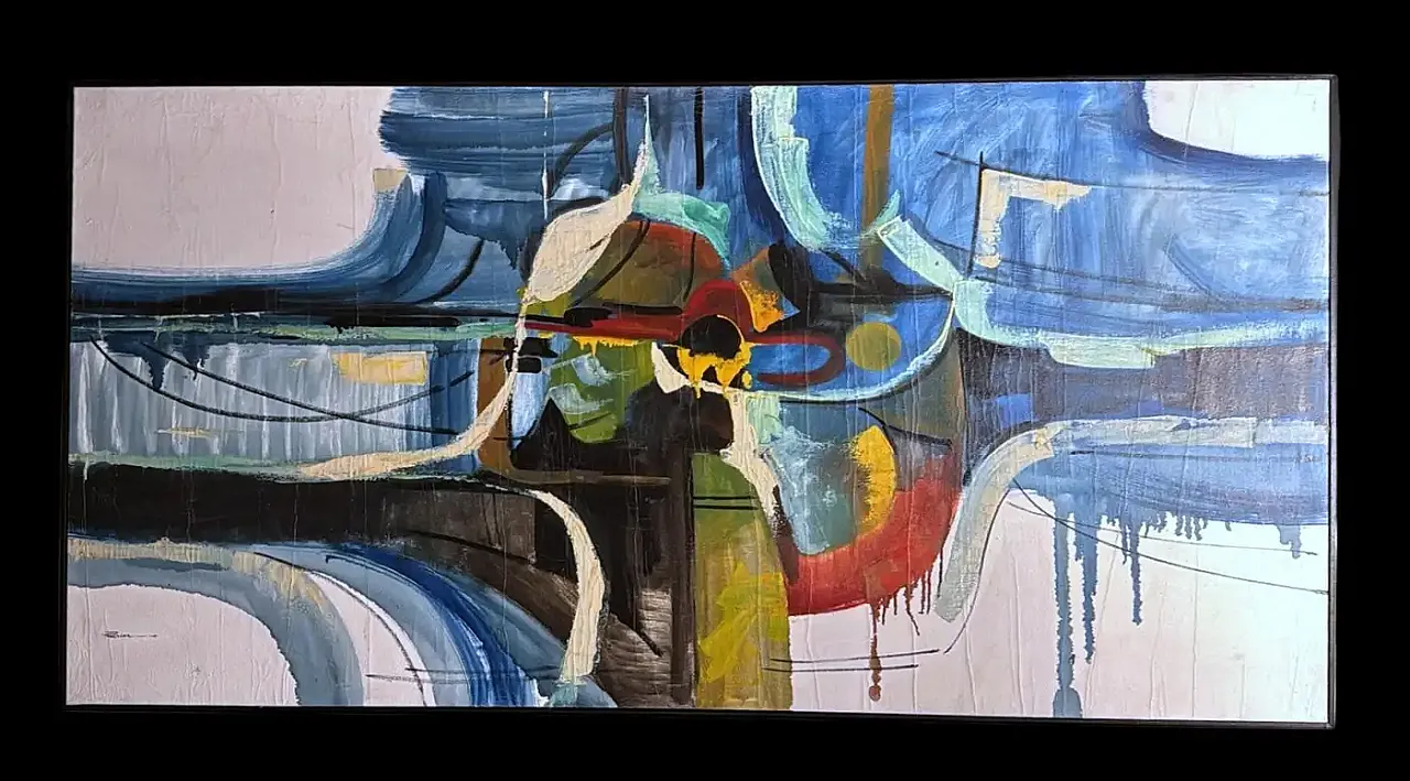 Arte astratta francese, olio su tela con cornice in legno, anni '80 3