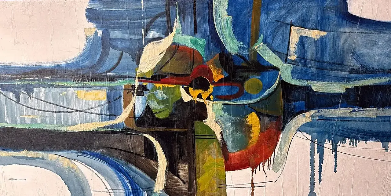 Arte astratta francese, olio su tela con cornice in legno, anni '80 4