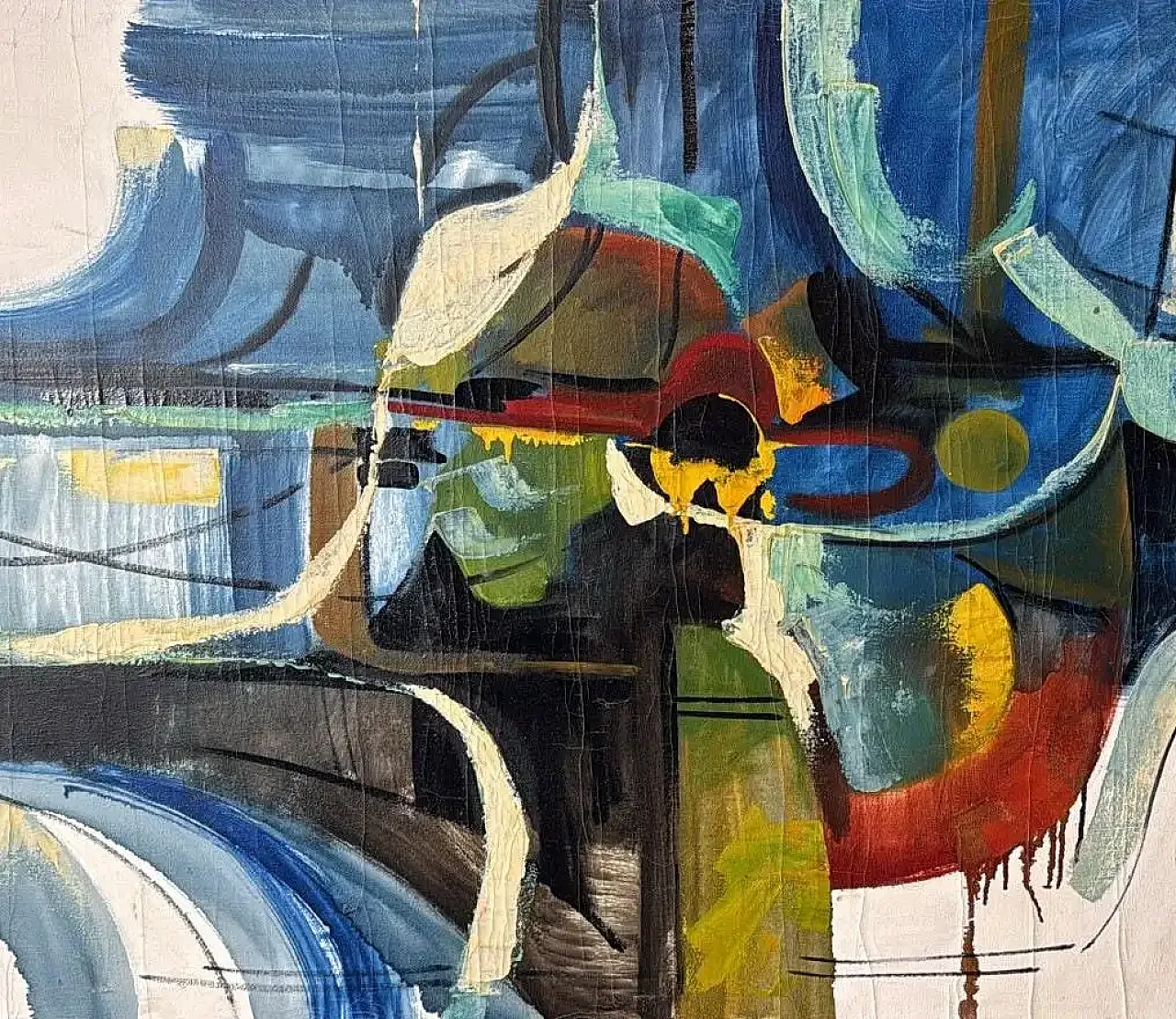 Arte astratta francese, olio su tela con cornice in legno, anni '80 6