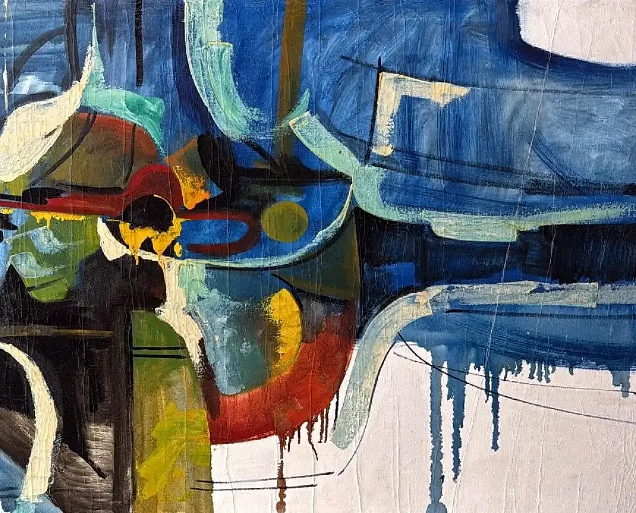 Arte astratta francese, olio su tela con cornice in legno, anni '80 7