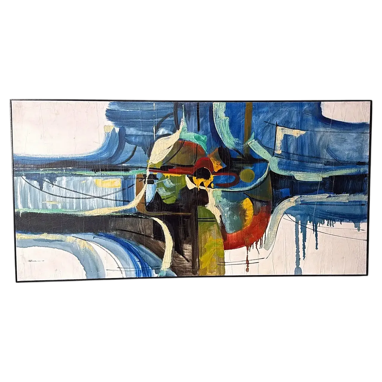 Arte astratta francese, olio su tela con cornice in legno, anni '80 20