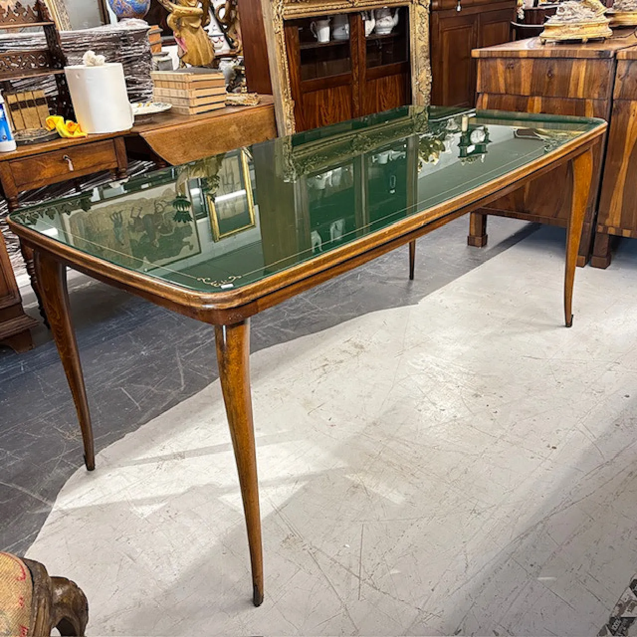 Italian Mid-century table with green painted glass top, 1960s 1
