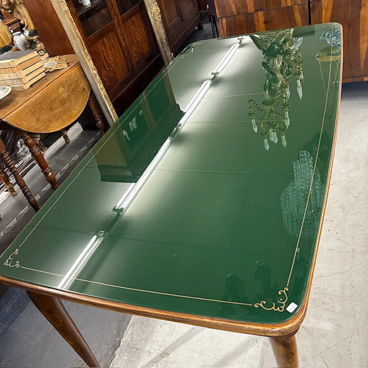 Italian Mid-century table with green painted glass top, 1960s 5