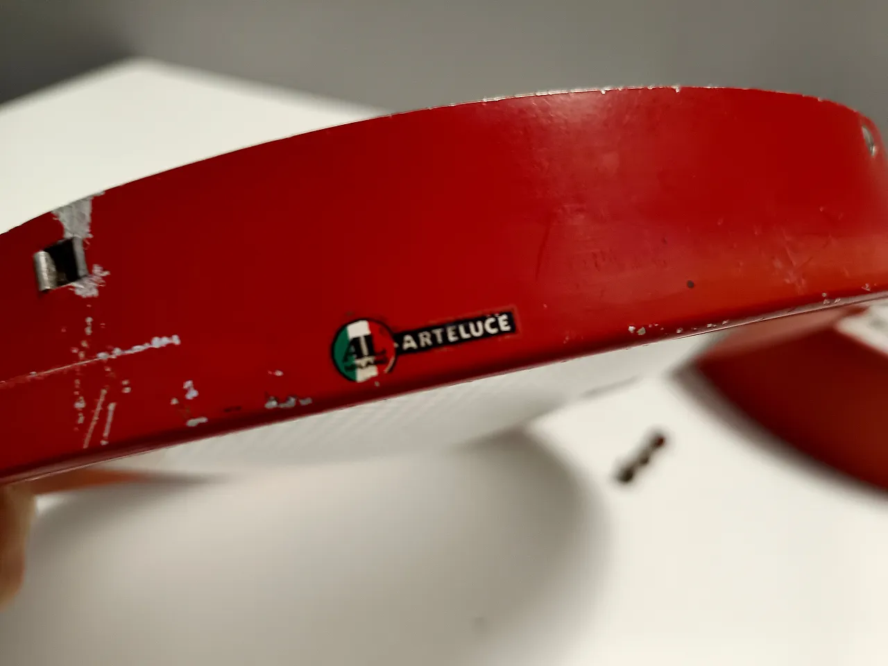 Red Metal and Glass Ceiling Light model 3055 by Gino Sarfatti for Arteluce, 1962 5