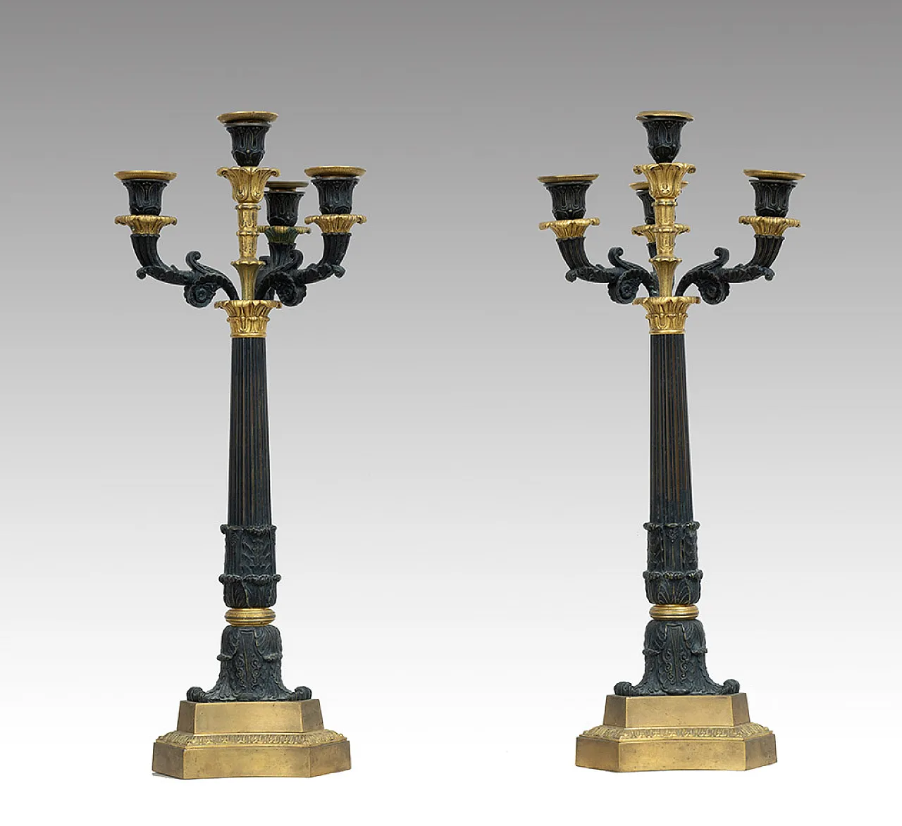 Pair of candelabra Charles X with four flames in golden bronze, 19th c 1