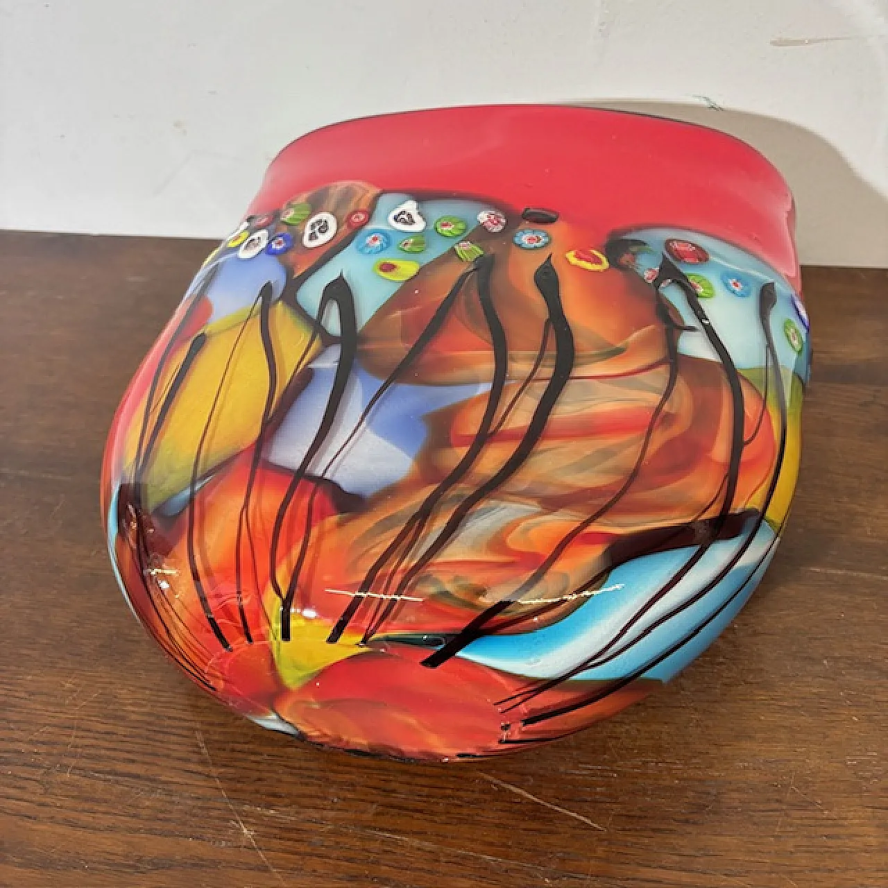 Vaso vetro Murano lavorazione incamiciata e a Murrine, anni '70 11