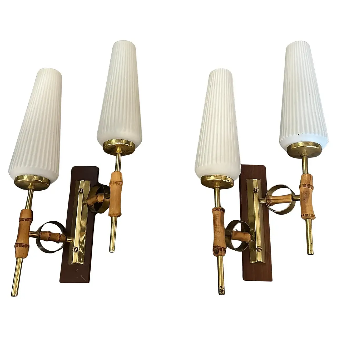Pair of brass, bamboo and glass wall lamps, 1950s 1