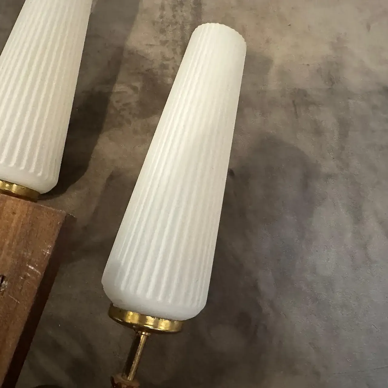 Pair of brass, bamboo and glass wall lamps, 1950s 3