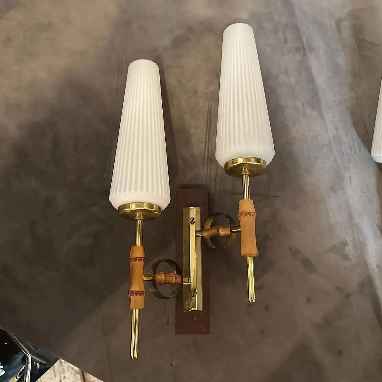 Pair of brass, bamboo and glass wall lamps, 1950s 6