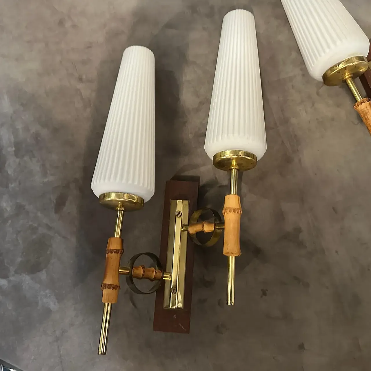 Pair of brass, bamboo and glass wall lamps, 1950s 14