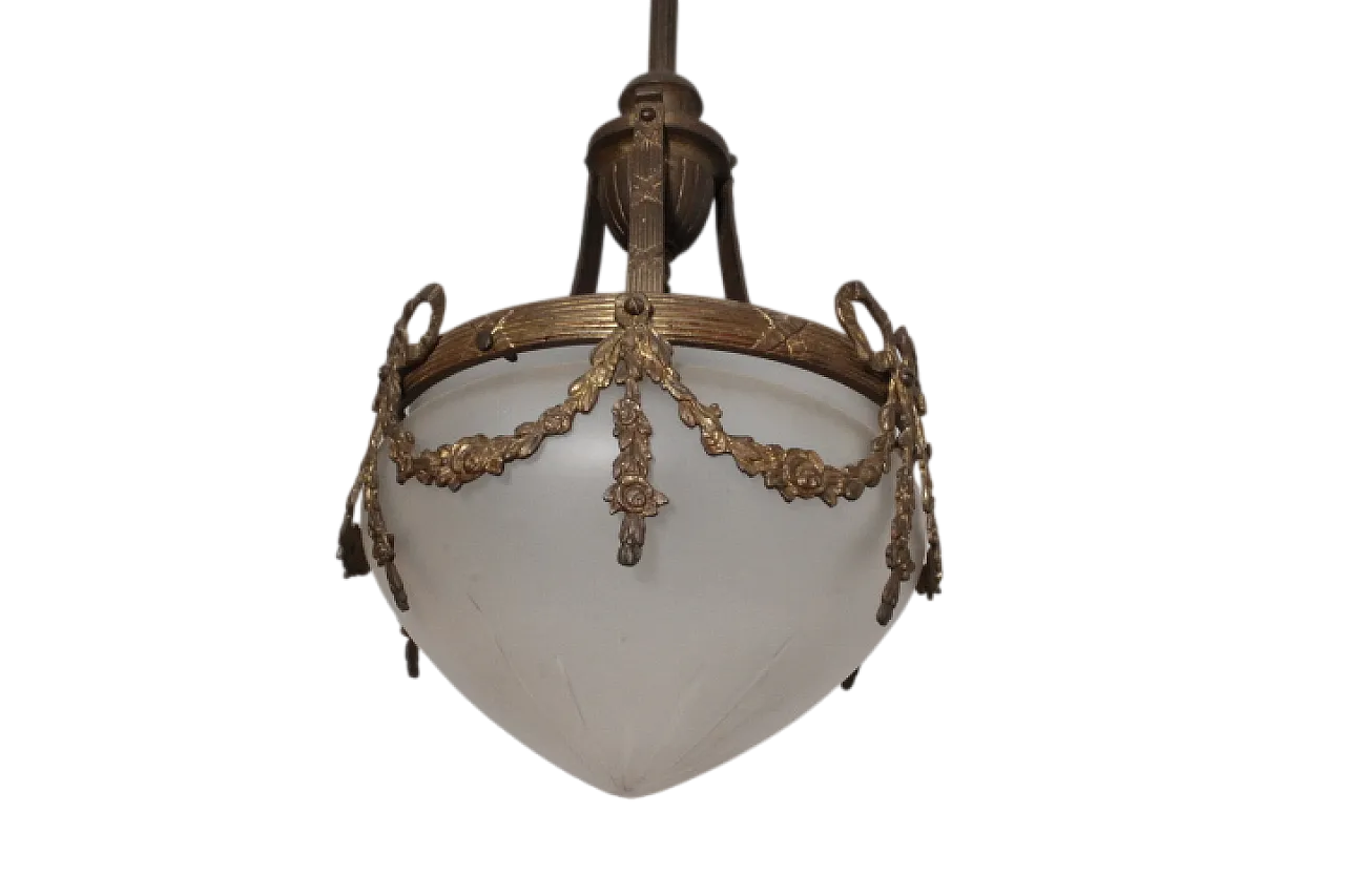 Lampadario liberty vetro opalino e bronzo, 1930 11