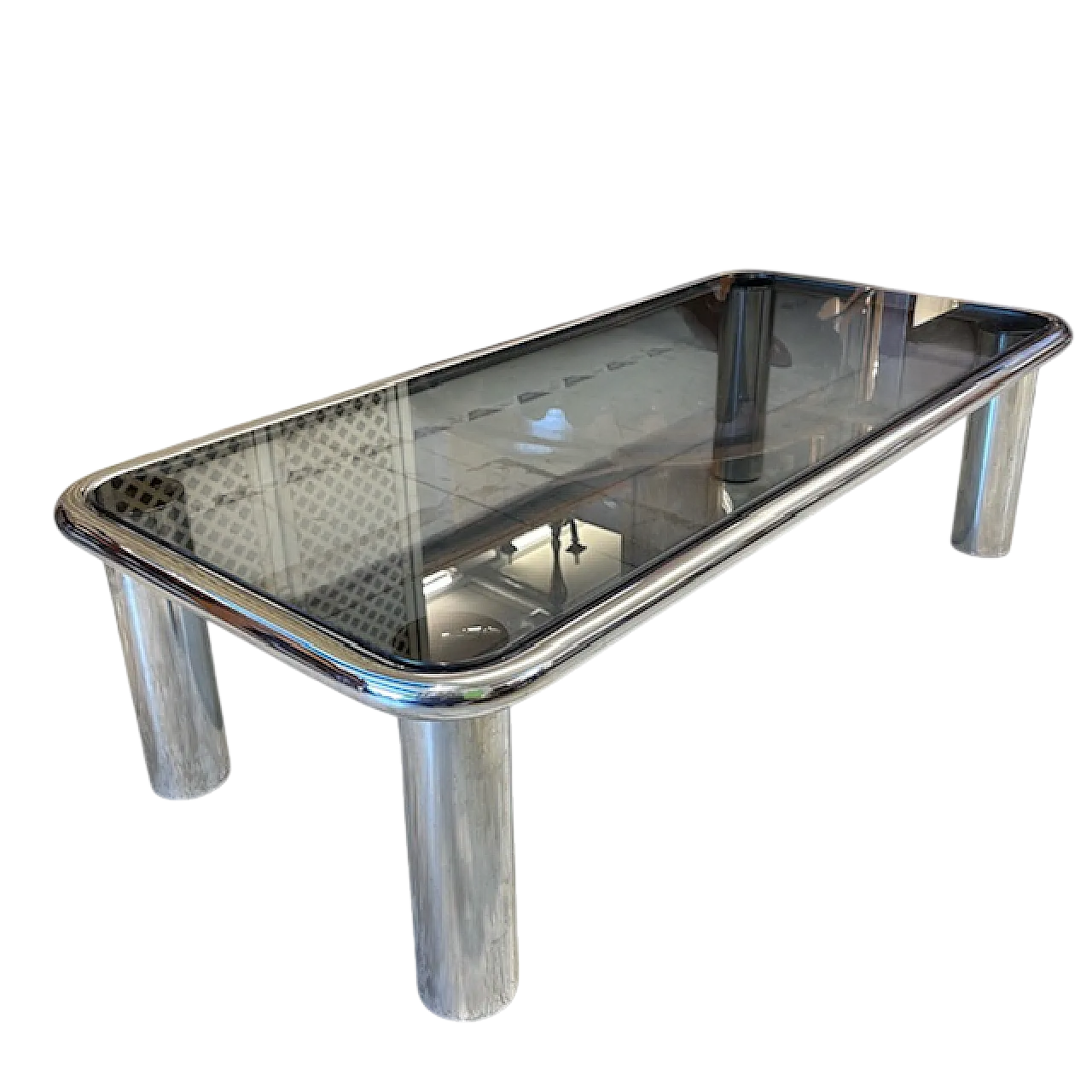 Tavolino da fumo cromato e vetro fumè modello Sesann Frattin, anni '70 10
