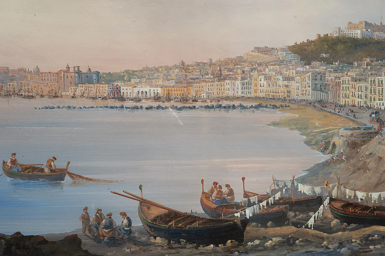 Gouache Aquerello raffigurante veduta di Napoli, '800 3