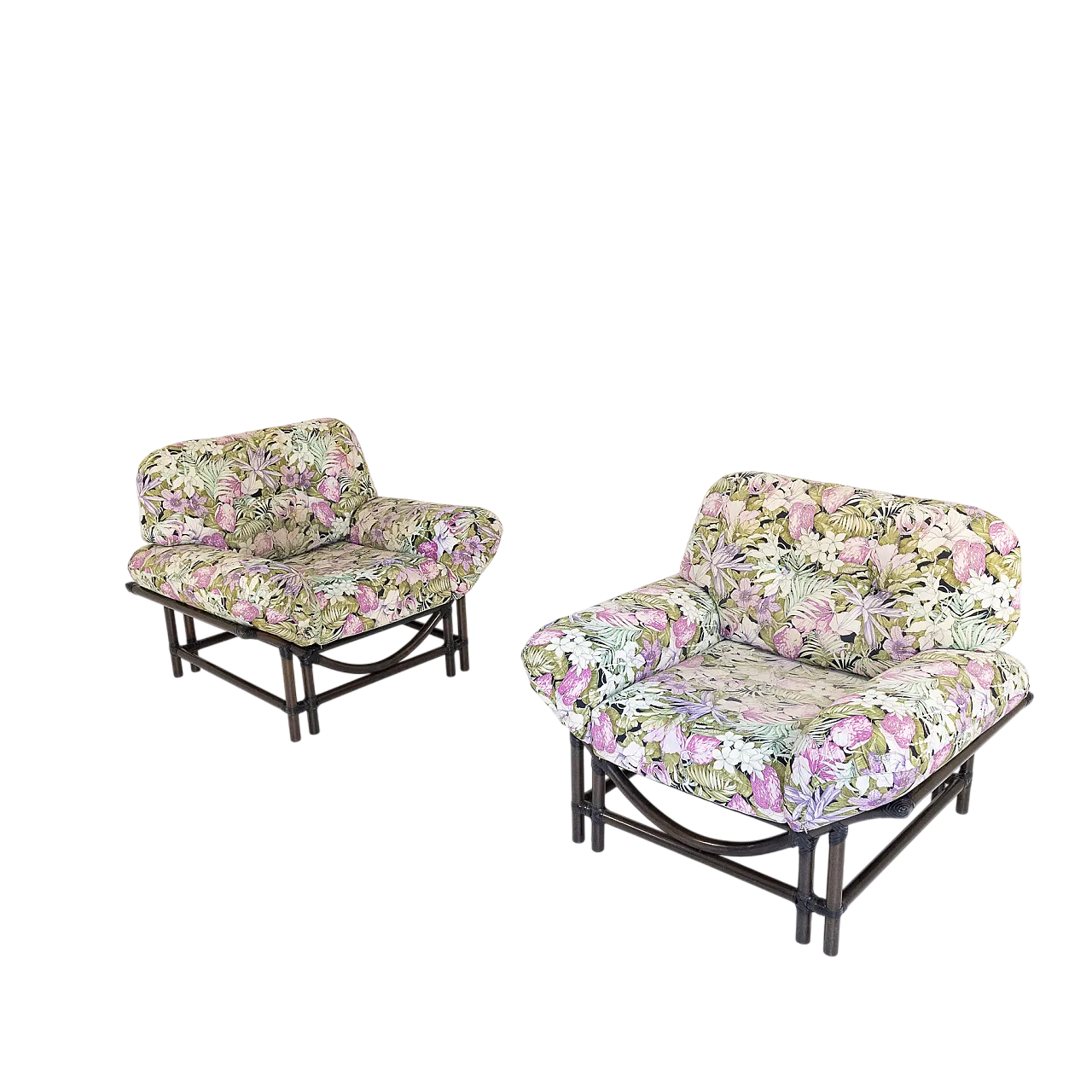 Coppia di poltrone in rattan con cuscini floreali, anni ’70 9