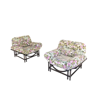 Couple of armchairs in rattan with floral cushions, 1970s