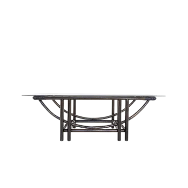 Tavolino da salotto in rattan con piano in vetro, anni ’70