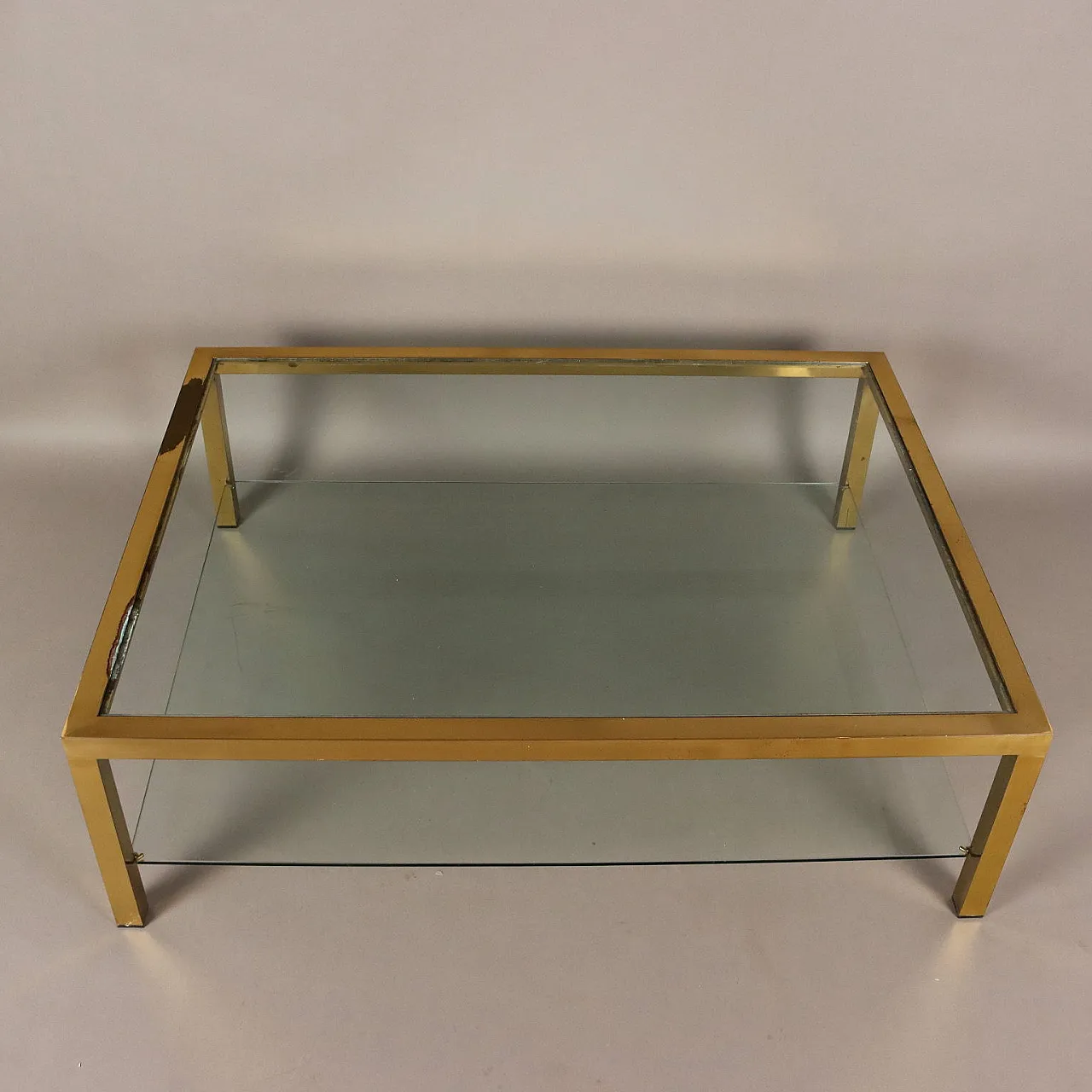 Grande tavolino da caffè in ottone e vetro, fine '900 3