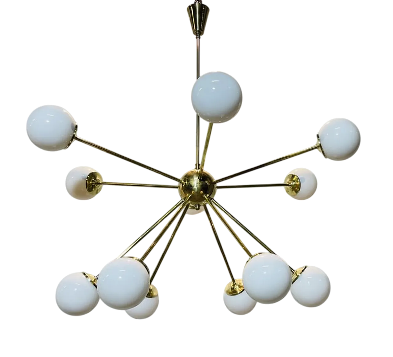 Sputnik Chandelier brass and opaline glass, 70s 8