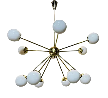 Sputnik Chandelier brass and opaline glass, 70s