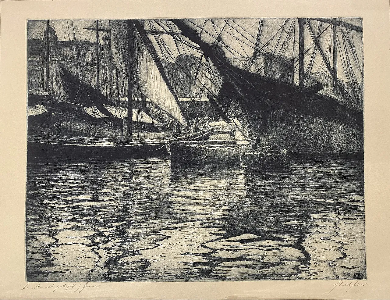 Stampa La vita nel porto (n4) Genova di Guglielmo Baldassini,  '900 3