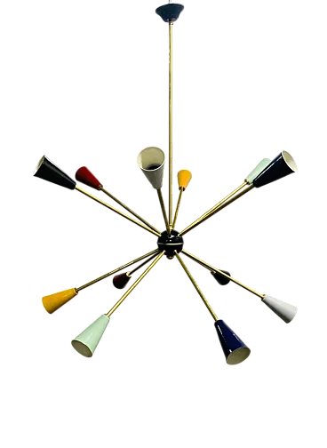 Sputnik brass chandelier with colored cones, 50s