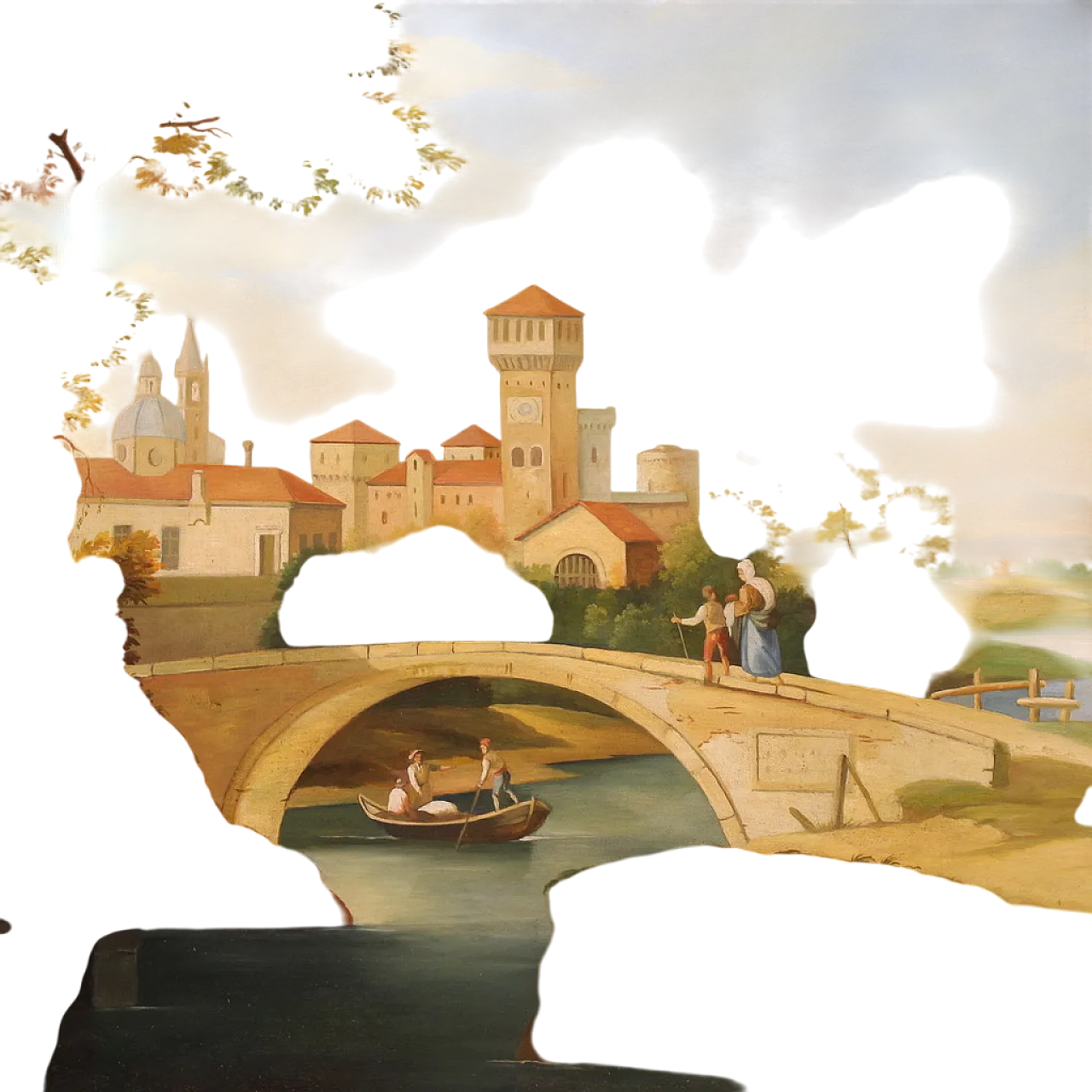 Paesaggio con figure, stile rinascimentale, olio su tela, '900 16