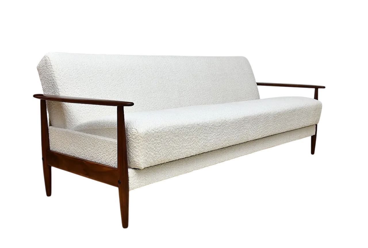 Scandinavian foldable Teak sofa in creamy white Bouclé, 1960s 12