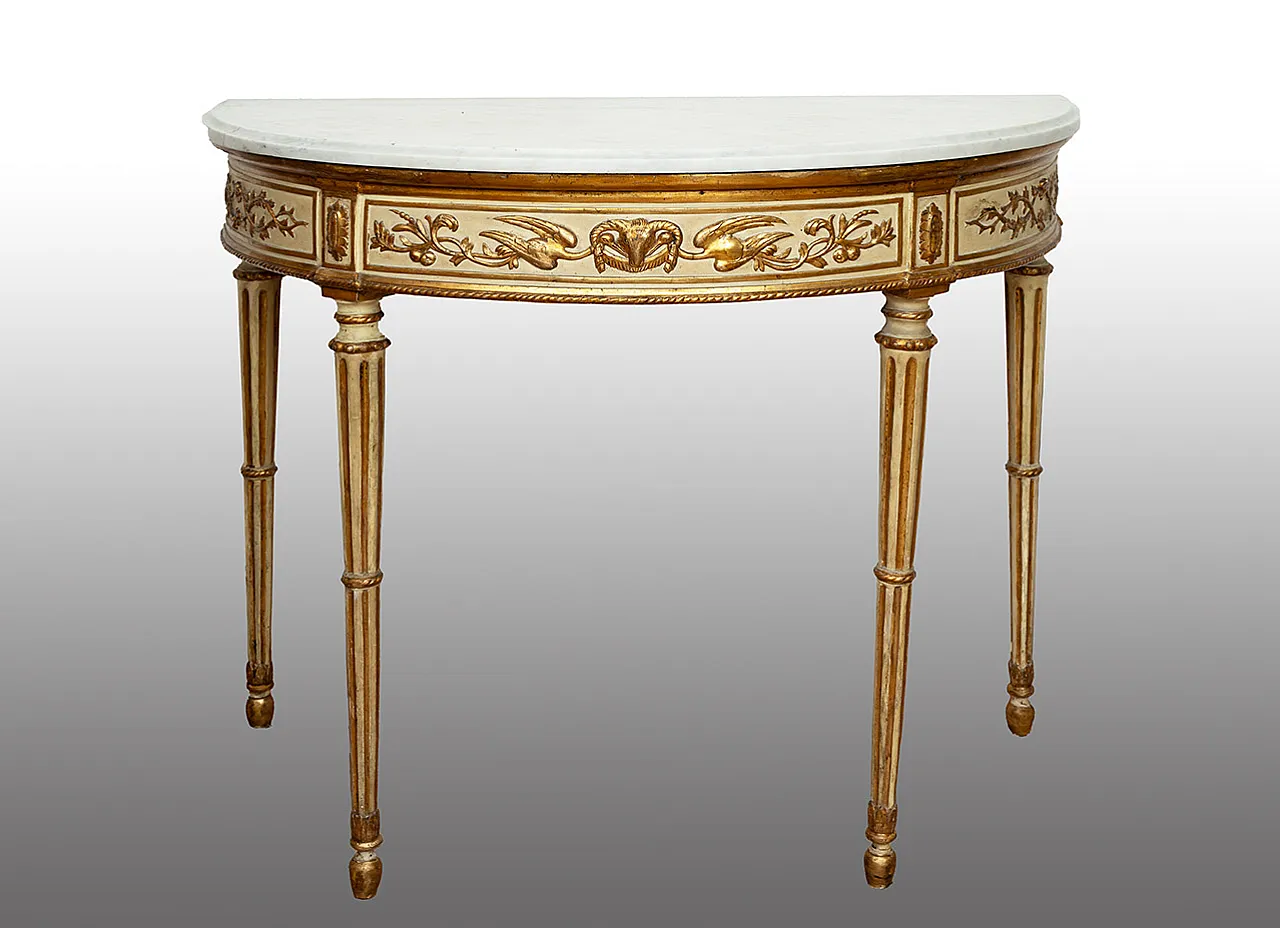 Console Demi Lune Louis XVI in lacquered and golden wood, Naples, 19th 1