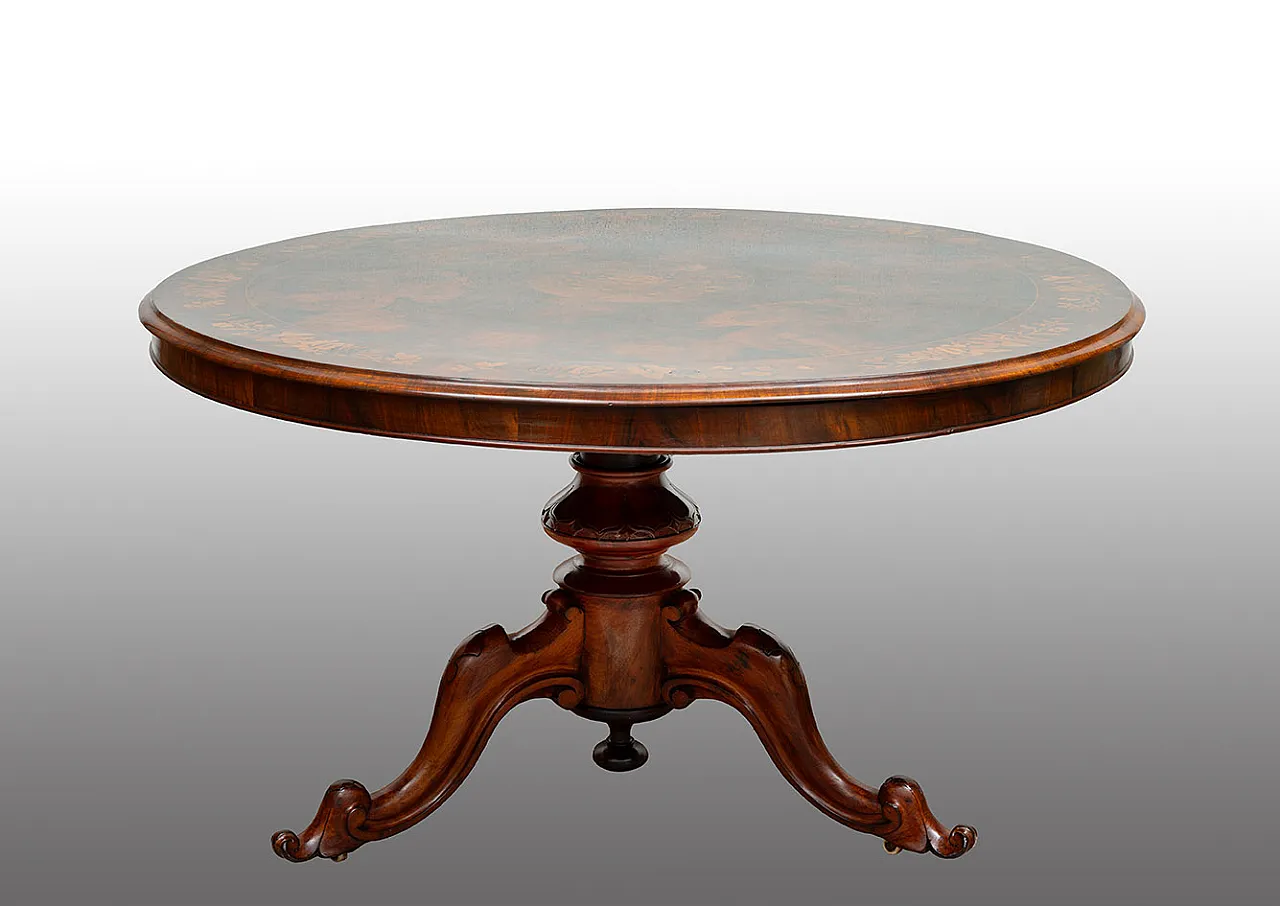 Tavolo a vela Vittoriano in radica di noce con piede centrale, '800 1