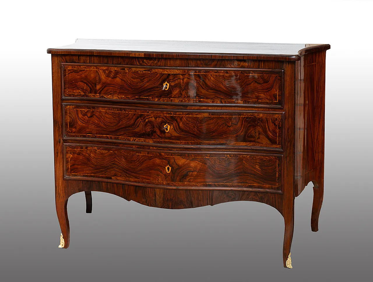 Chest of drawers Louis XIV Neapolitan in walnut root, 18th century 1