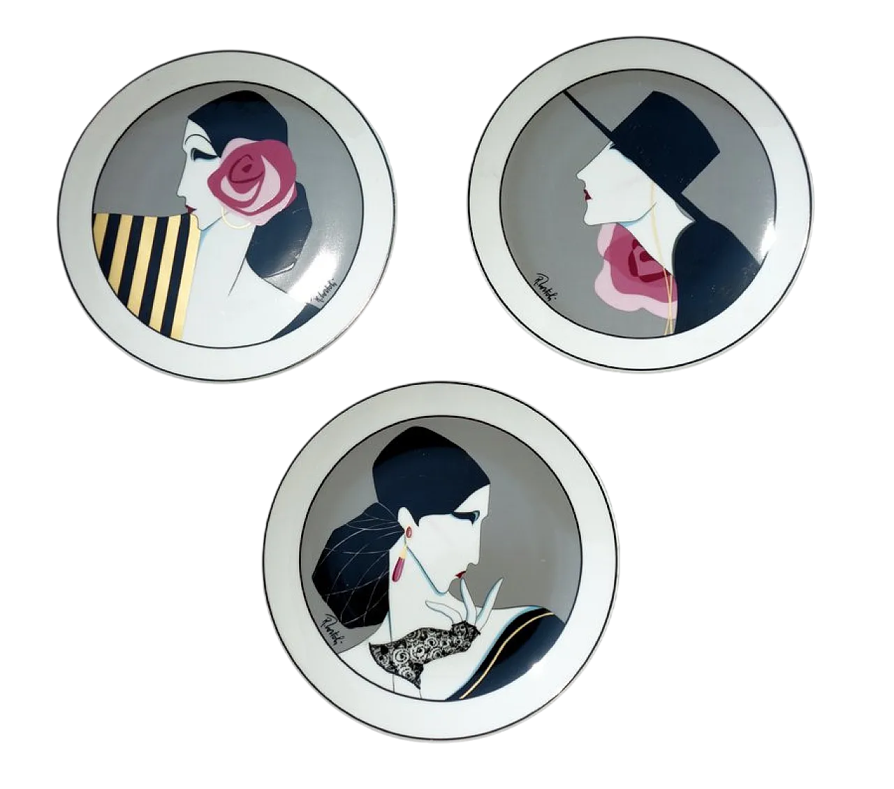 3 Piatti Revival Fashion Art Déco in porcellana, anni '80 7