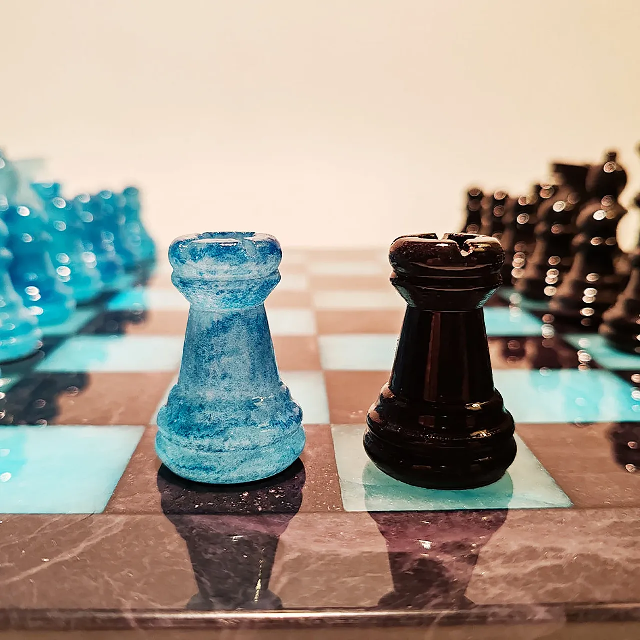 Chess set in hand carved alabaster, 1970s 9