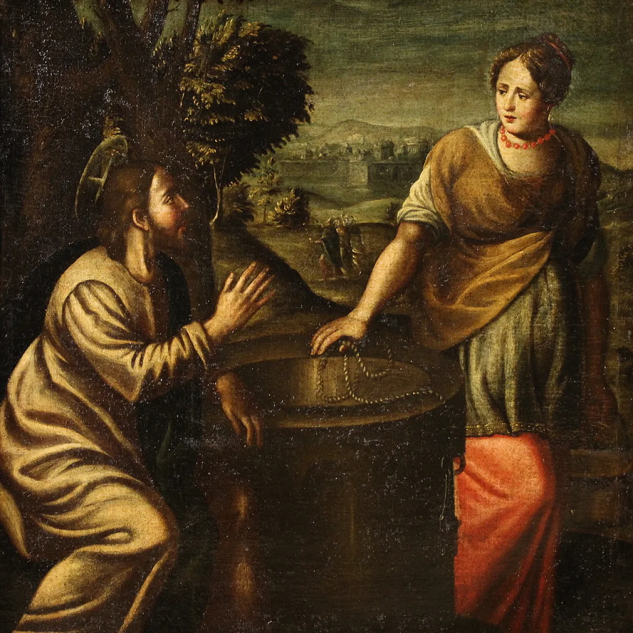 Dipinto italiano Cristo e la Samaritana al pozzo, '600 1
