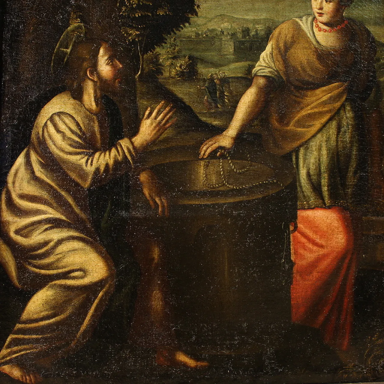 Dipinto italiano Cristo e la Samaritana al pozzo, '600 9
